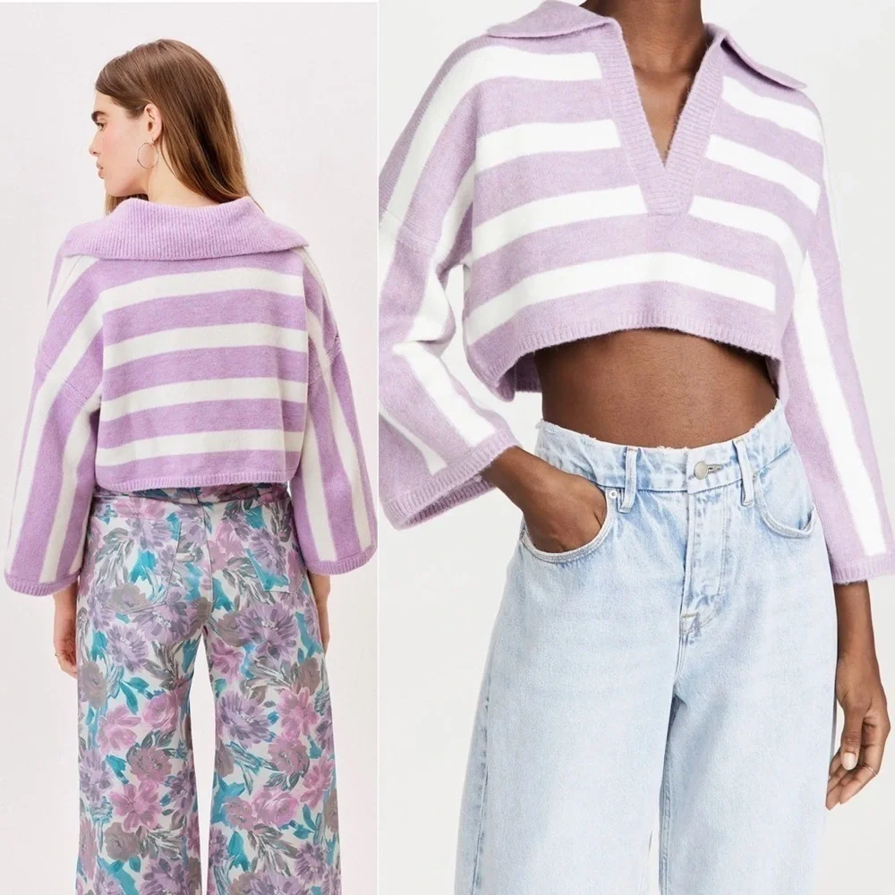NWT LOVE LEMONS 90s Lavender Stripe V-Neck Oversized Soft Knit Cropped Sweater L